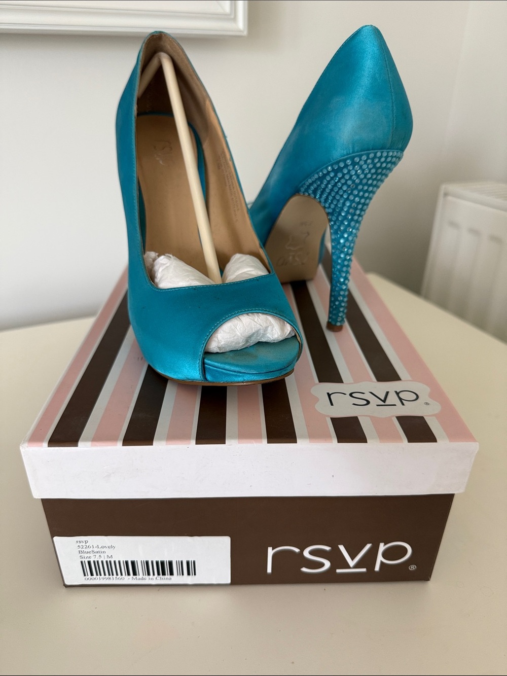 RSVP Turquoise Satin Peep-Toe Heels with Crystal-Embellished Heel